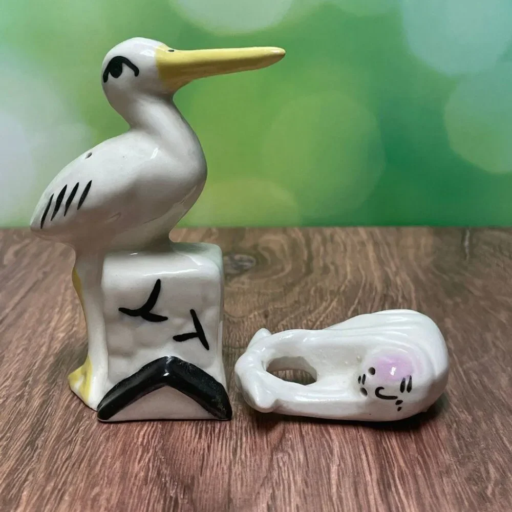 Vintage 1950's Rare Stork with Baby Bundle. Salt & Pepper Shaker.